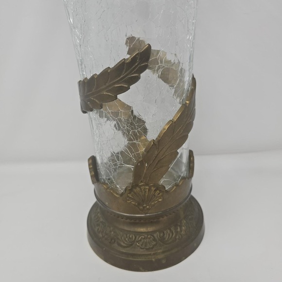 Vintage Art Nouveau Hand Blown Glass Vase w/ Ornate Brass Base 15 X 8.5